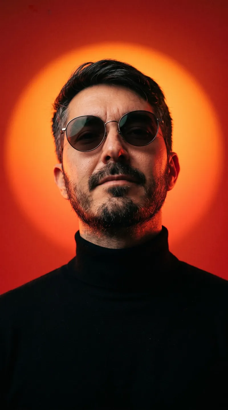 Retrato editorial con IA con lentes de sol y fondo de atardecer naranja