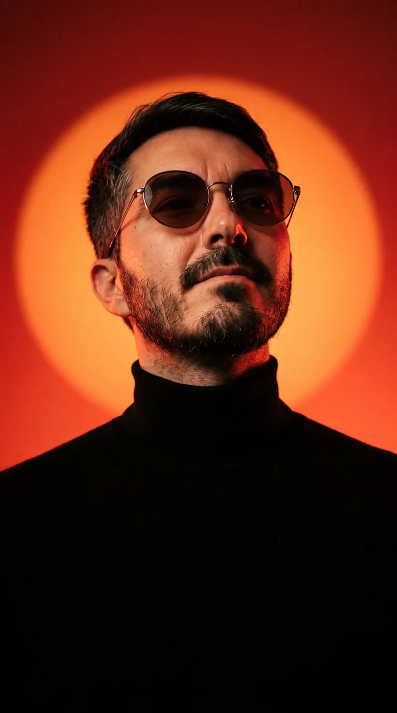 Retrato con IA mirando hacia arriba con luz naranja de atardecer