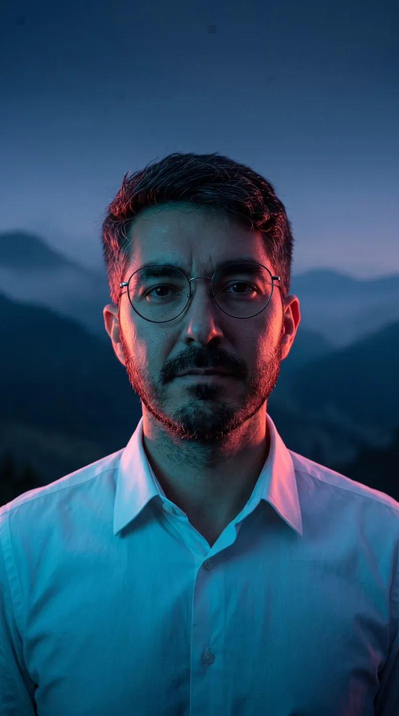 Retrato frontal con IA con luz neón y montañas de fondo