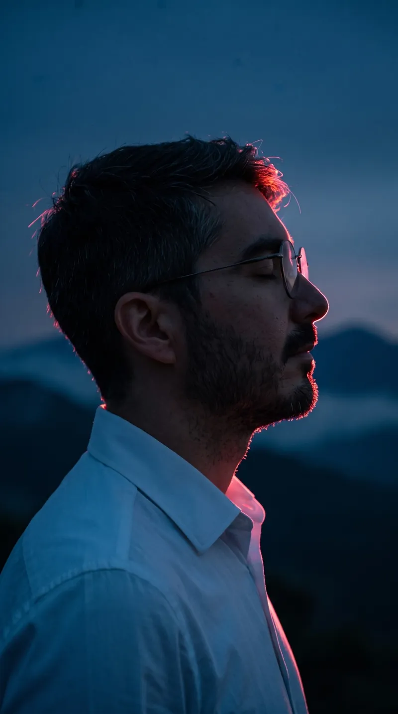 Retrato de perfil con IA con luz neón rosada y cielo azul al atardecer